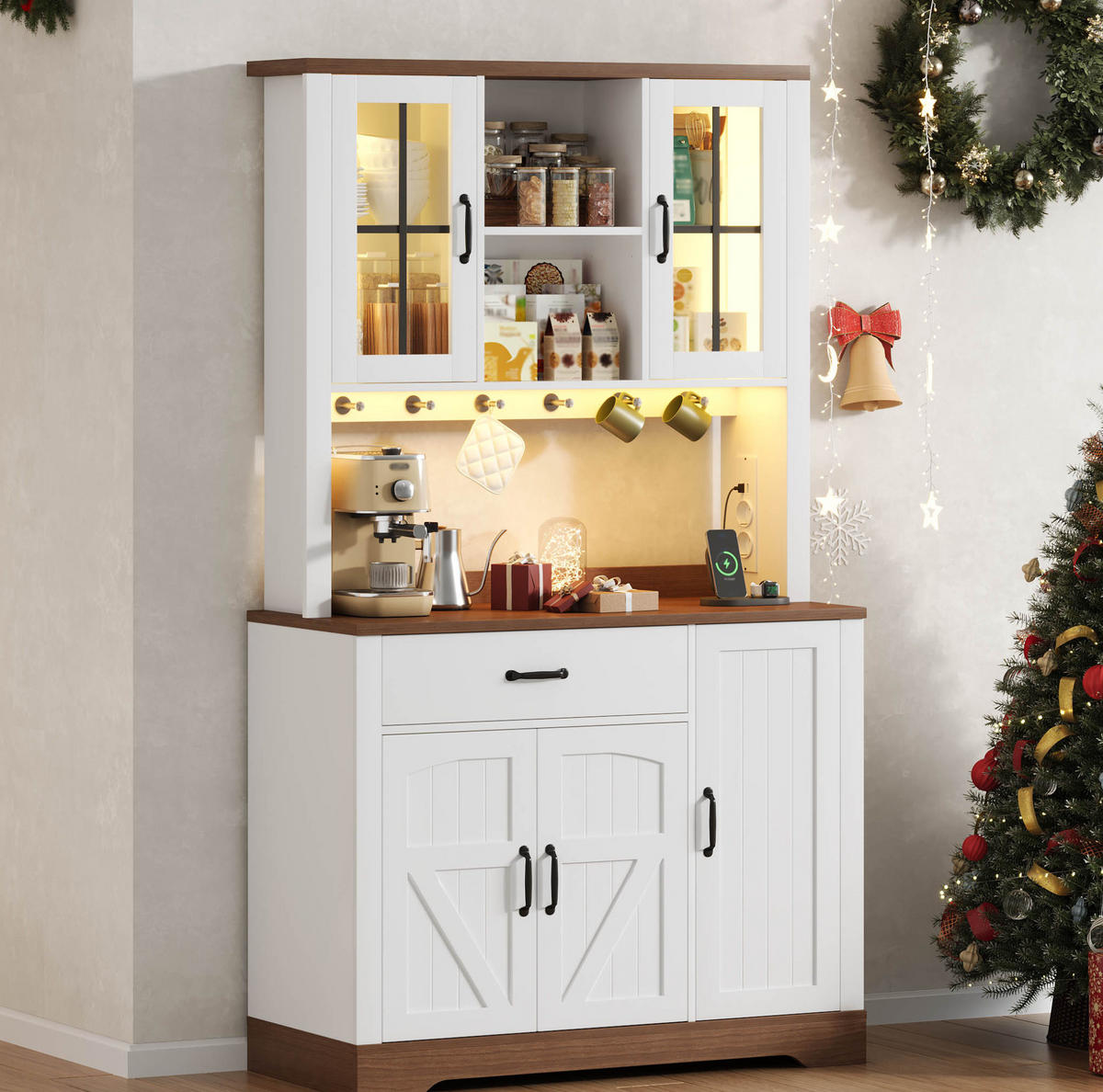 BUFFETSCHRANK 105/40/185 cm aus MDF mit LED-Beleuchtung, Steckdosenmodul und verstellbaren Einlegeböden, Natur/Weiß - Naturfarben, Holzwerkstoff (105/185/40cm) - Redom