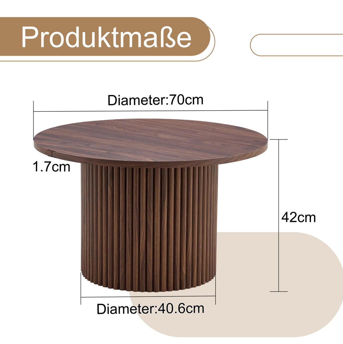 KONFERENČNÍ stolek 70/70/42 cm ořechová z MDF a kovu s drážkovaným podstavcem - barva vlašského ořechu, kompozitní dřevo (70/70/42cm) - OKWISH
