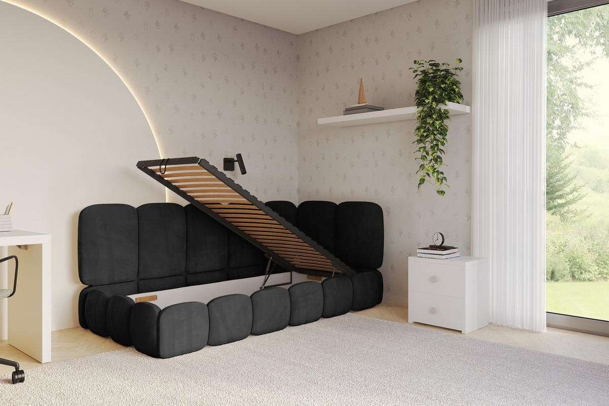 EINZELLBETT Jugendbett mit Bettkasten, Links - AVRY 100x200 Schwarz - Schwarz, Holzwerkstoff/Textil (100/200cm) - ALTDECOR