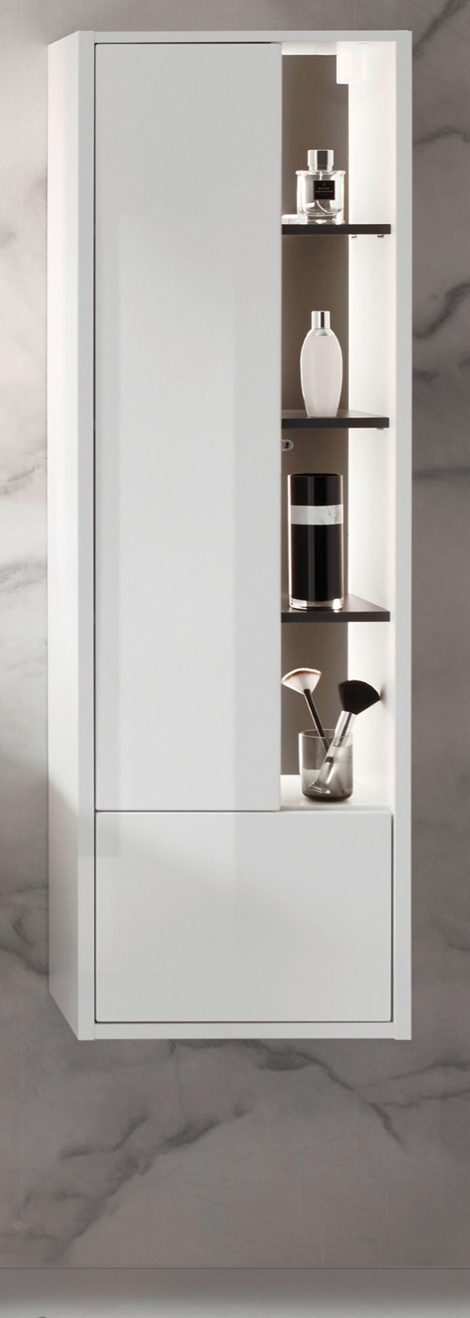 BADSCHRANK weiß Hochglanz, grau, Badezimmer Hochschrank inklusive Beleuchtung - Weiß Hochglanz/Grau, Holzwerkstoff (45/150/30cm) - Furn.Design