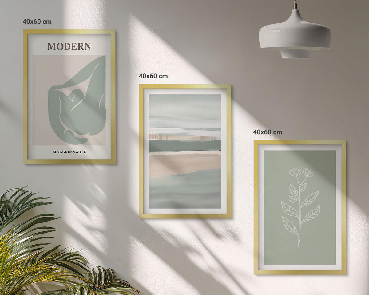 BILDER SET 3er Set - 40x60 cm Goldrahmen - Abstrakte pastellfarbene Pflanzenformen - Goldfarben, Kunststoff (40/60cm) - TULUP