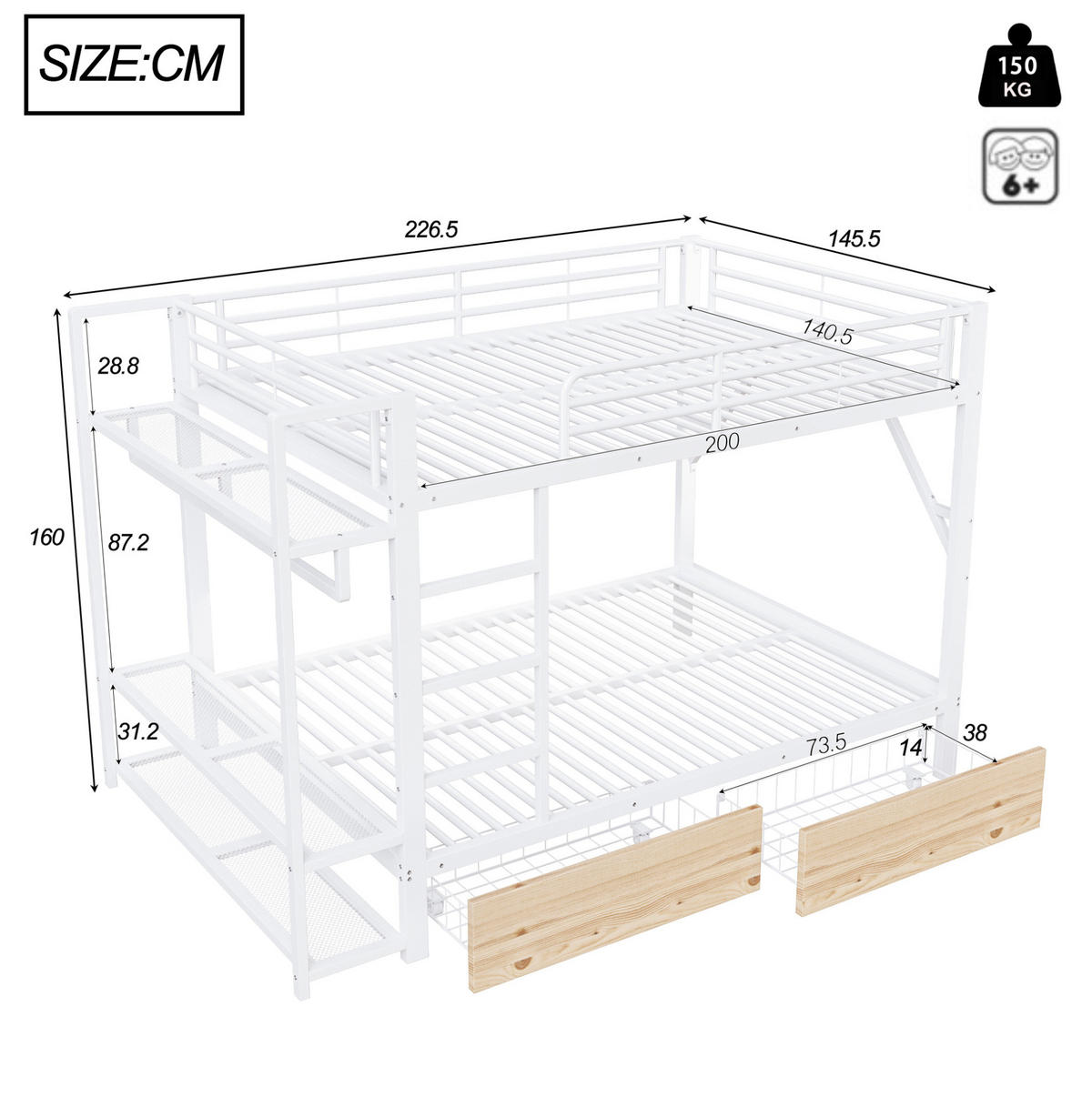 ETAGENBETT 140/200 cm Weiß mit LED, 2 Schubladen, Ablageflächen, ohne Matratze - Weiß, Metall (140/200cm) - MIVRAY