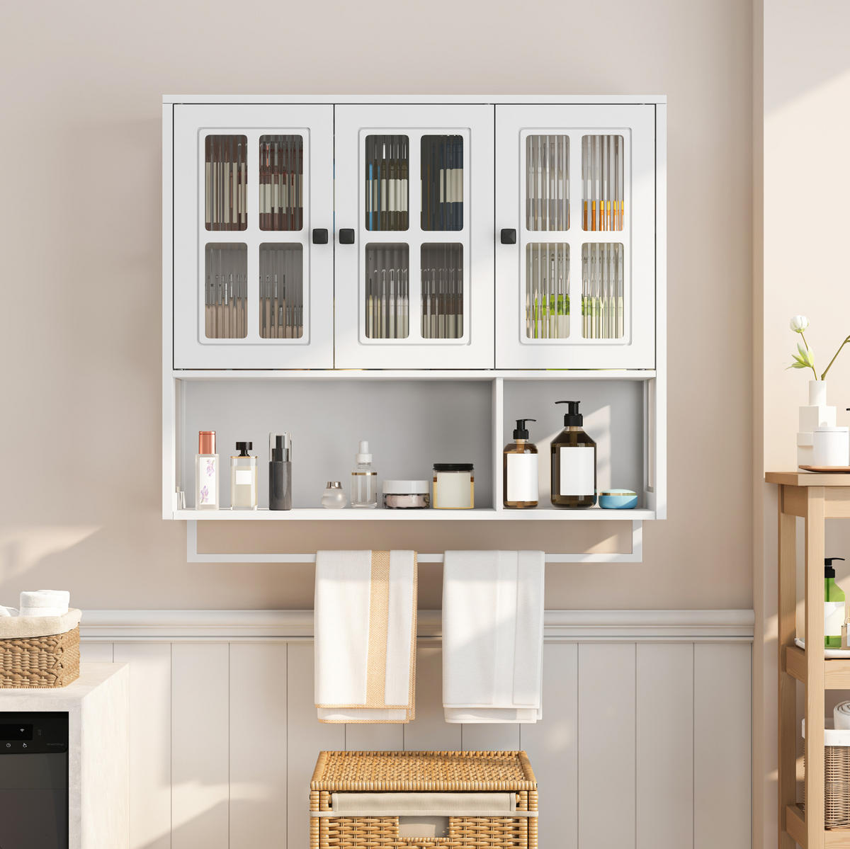KÜCHENOBERSCHRANK 88x26x82.5 cm in Weiß aus Sicherheitsglas mit geriffeltem Glas & Handtuchstange - Weiß, Holzwerkstoff (88/82.5/26cm) - Modfu