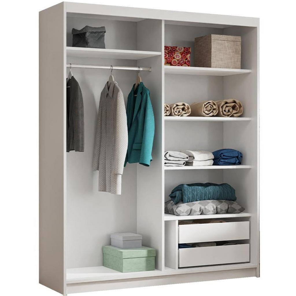 Thumbnail - Beautysofa Schwebetürenschrank, Weiß, Holzwerkstoff, 6 Fächer, 2 Schubladen, 100x205x60 cm, Schlafzimmer, Kleiderschränk...