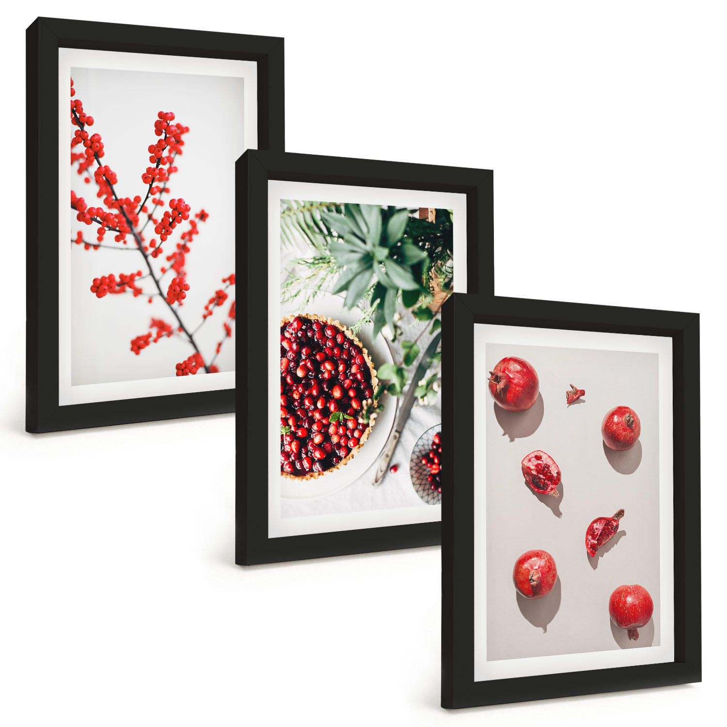 BILDER SET 3er Set - 20x30 cm Schwarzer Rahmen - Minimalismus der roten Früchte von Pflanzen - Schwarz, Kunststoff (20/30cm) - TULUP