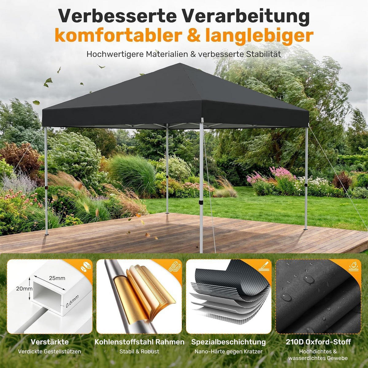 GARTENPAVILLON 3x3m Wasserdicht UV-Schutz 50+ Schwarz - Schwarz, Textil (300/265/300cm)
