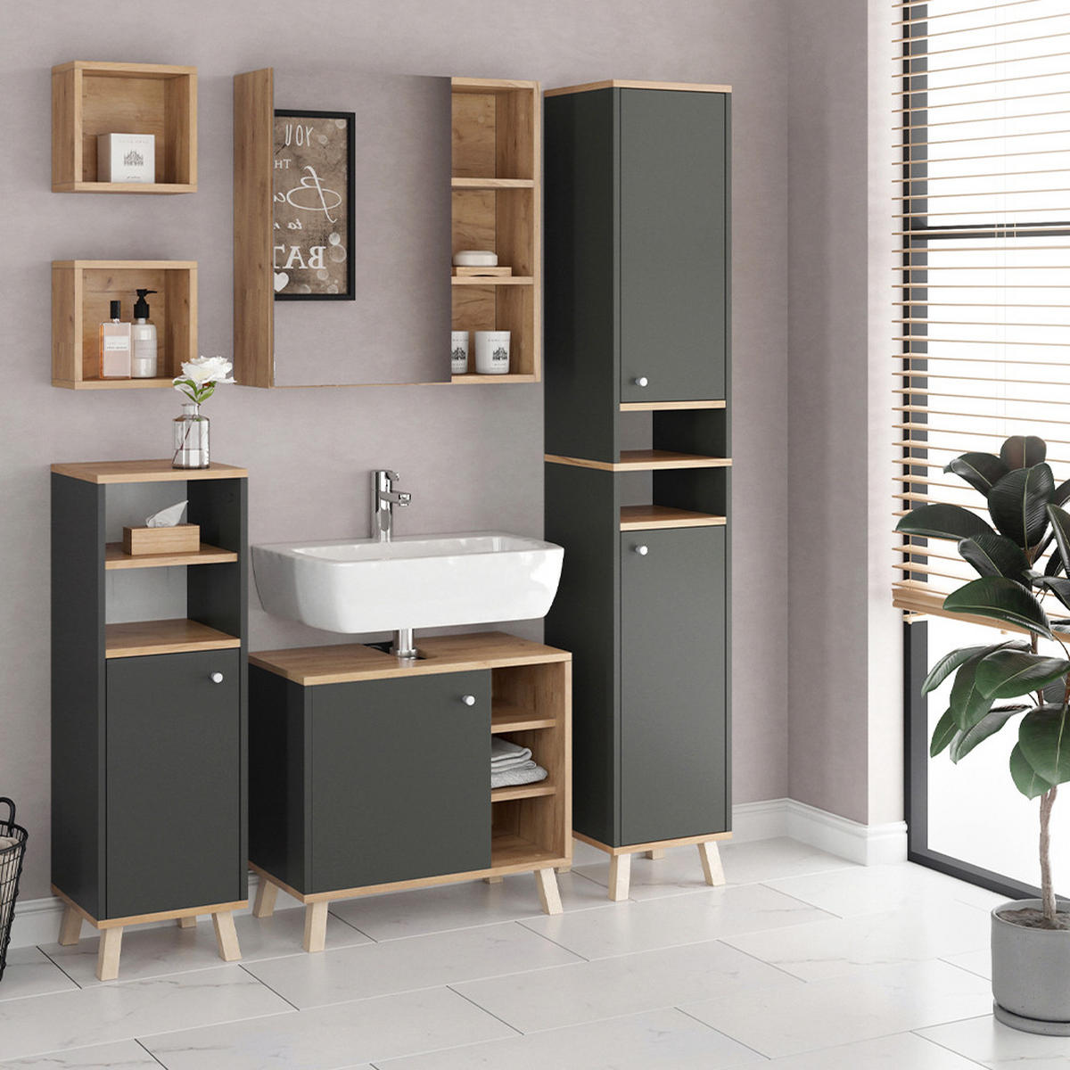 BADMÖBEL-SET Senyo Anthrazit 5 Teile, mit Hochschrank - Honigeiche/Anthrazit, Holzwerkstoff (62/54/32cm) - Vicco