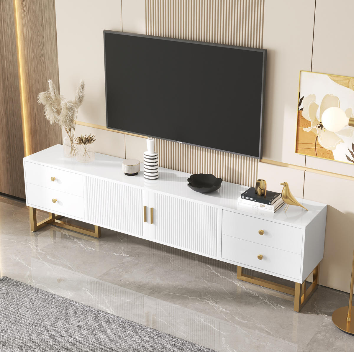 TV-SCHRANK 175/30/46 cm weiß MDF mit 4 Schubladen und goldenen Griffen - Weiß, Holzwerkstoff (175/46/30cm) - OKWISH