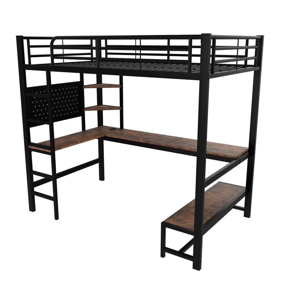 HOCHBETT 90/200 cm, Schwarz mit Schreibtisch, LED und USB-Typ-C-Buchse - Schwarz, Metall (90/200cm) - MIVRAY