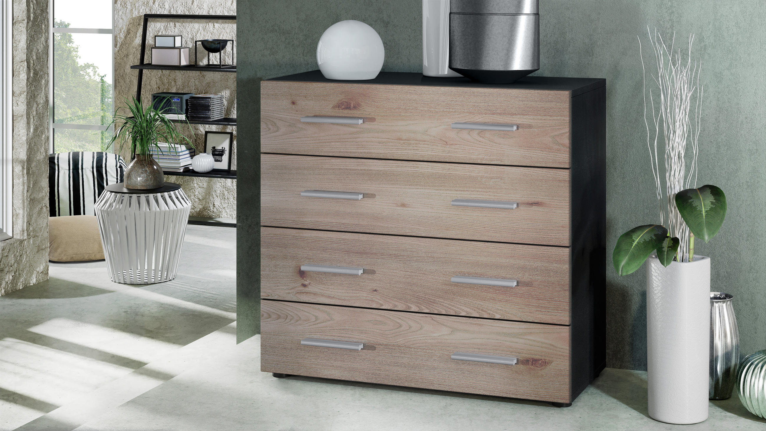 KOMMODE Pavos Eiche Nordic - Silbereichenfarben, Holzwerkstoff (76/72/35cm) - Vladon
