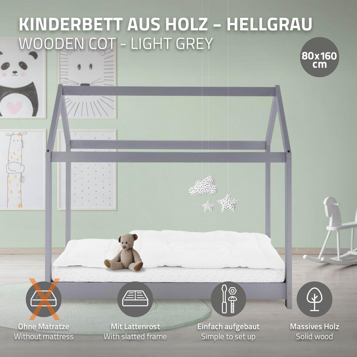 KINDERBETT mit Dach 80x160 cm Hellgrau - Hellgrau, Holz (80/160cm) - ML-DESIGN