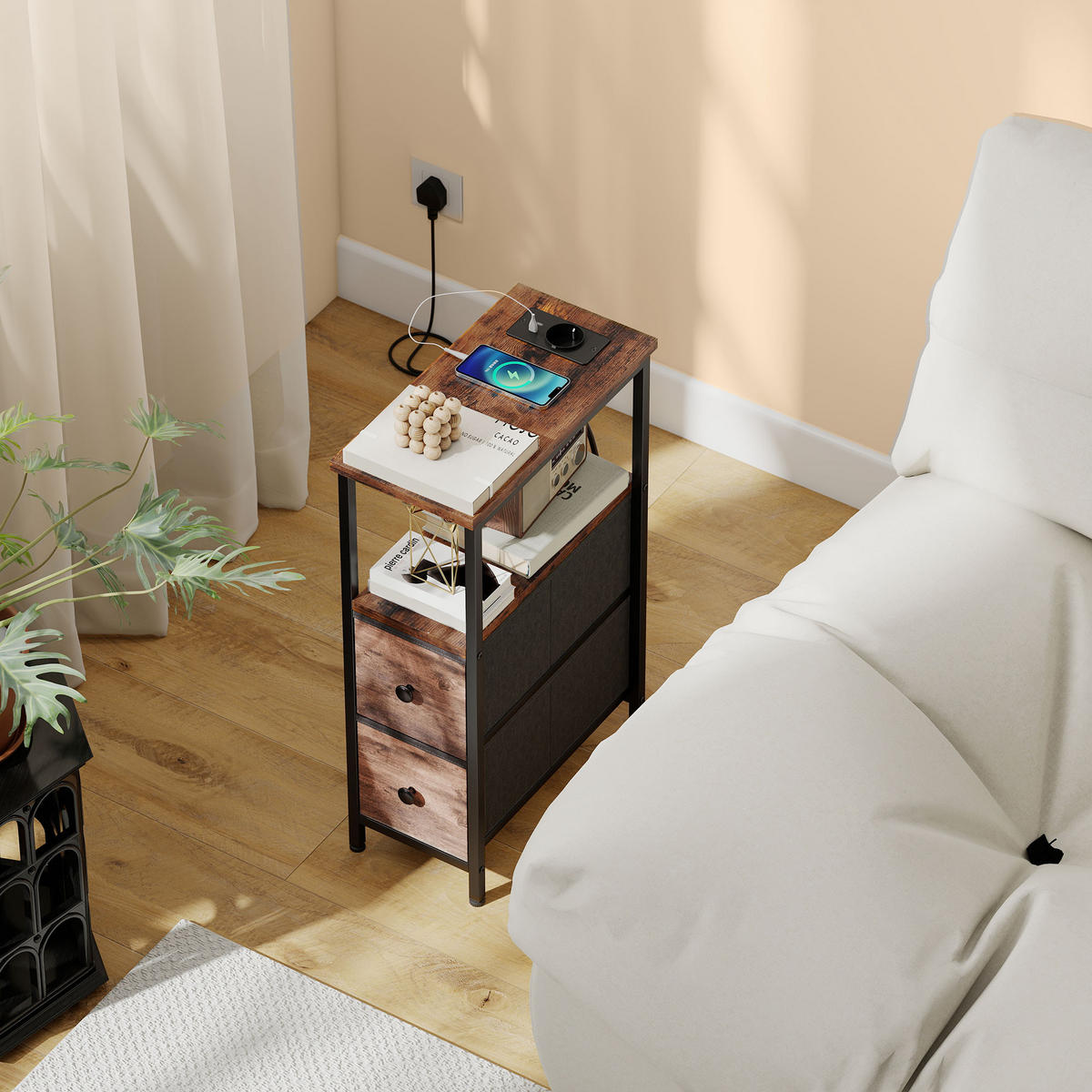 BEISTELLTISCH mit Schubladen Rustikalbraun 20/40/63 cm - Schwarz/Braun, Textil/Metall (40/20/63cm) - HOMCOM