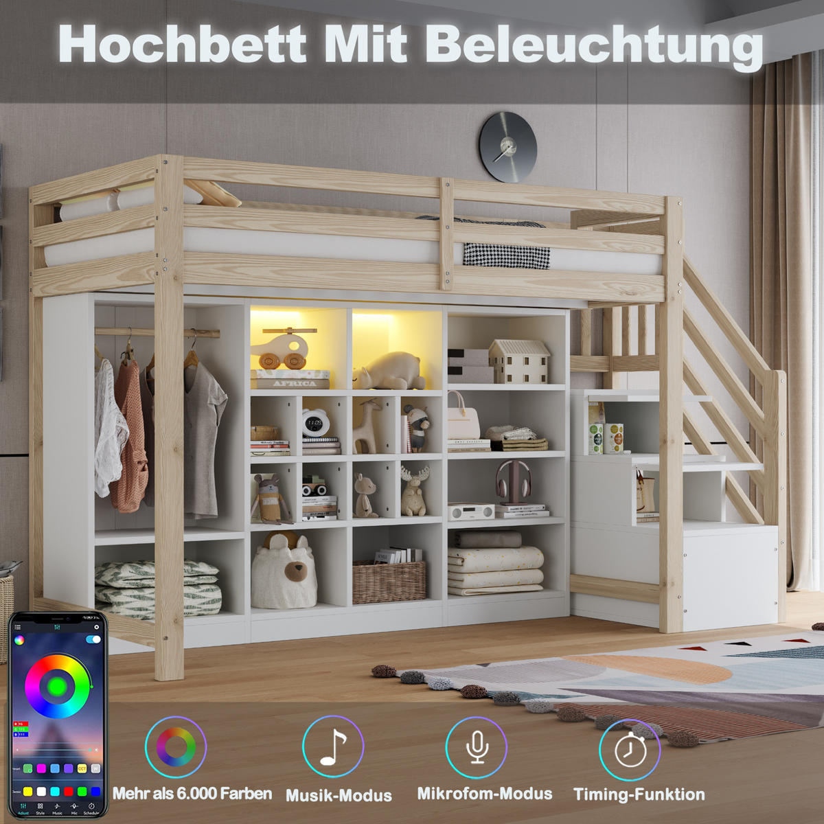 HOCHBETT 90/200 cm aus Holz mit Stauraum, LED-Beleuchtung, Holzfarbe - Naturfarben, Holz (90/200cm) - OKMYHOME
