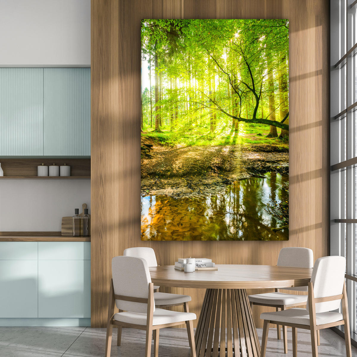 LEINWANDBILD Wald - Landschaft - Wasser - Bäume - Sonne - Grün - Natur Deko Groß 90x140 cm - Grün, Textil (90/140cm) - MuchoWow