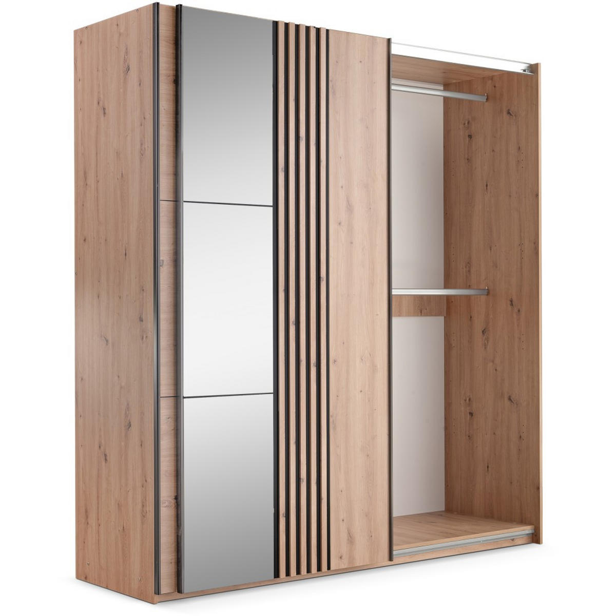 SCHWEBETÜRENSCHRANK Soria mit 2 Türen und Spiegel, 200 cm, Weiß+eiche Wotan - Eiche Wotan/Weiß, Holzwerkstoff (203/215/65cm) - Beautysofa