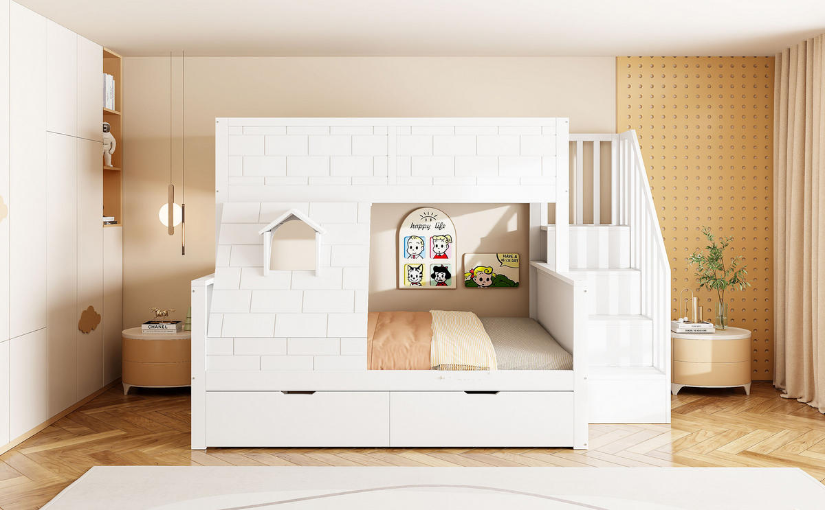 ETAGENBETT 90/200 cm & 140/200 cm in Weiß mit Treppe, 2 Schubladen und Fenster - Weiß, Holz/Holzwerkstoff (90/200cm) - CHICFURN