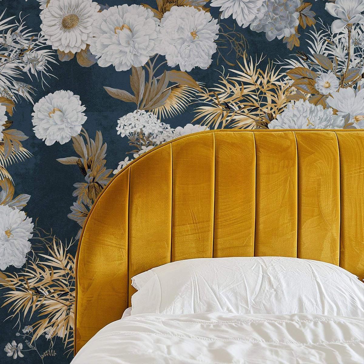 TAPETE Mit Blumen Blau Gold aus echtem Papier, 180x260cm, 2 Rollen - Goldfarben, Papier (180/260cm) - WALLPAPERS4BEGINNERS