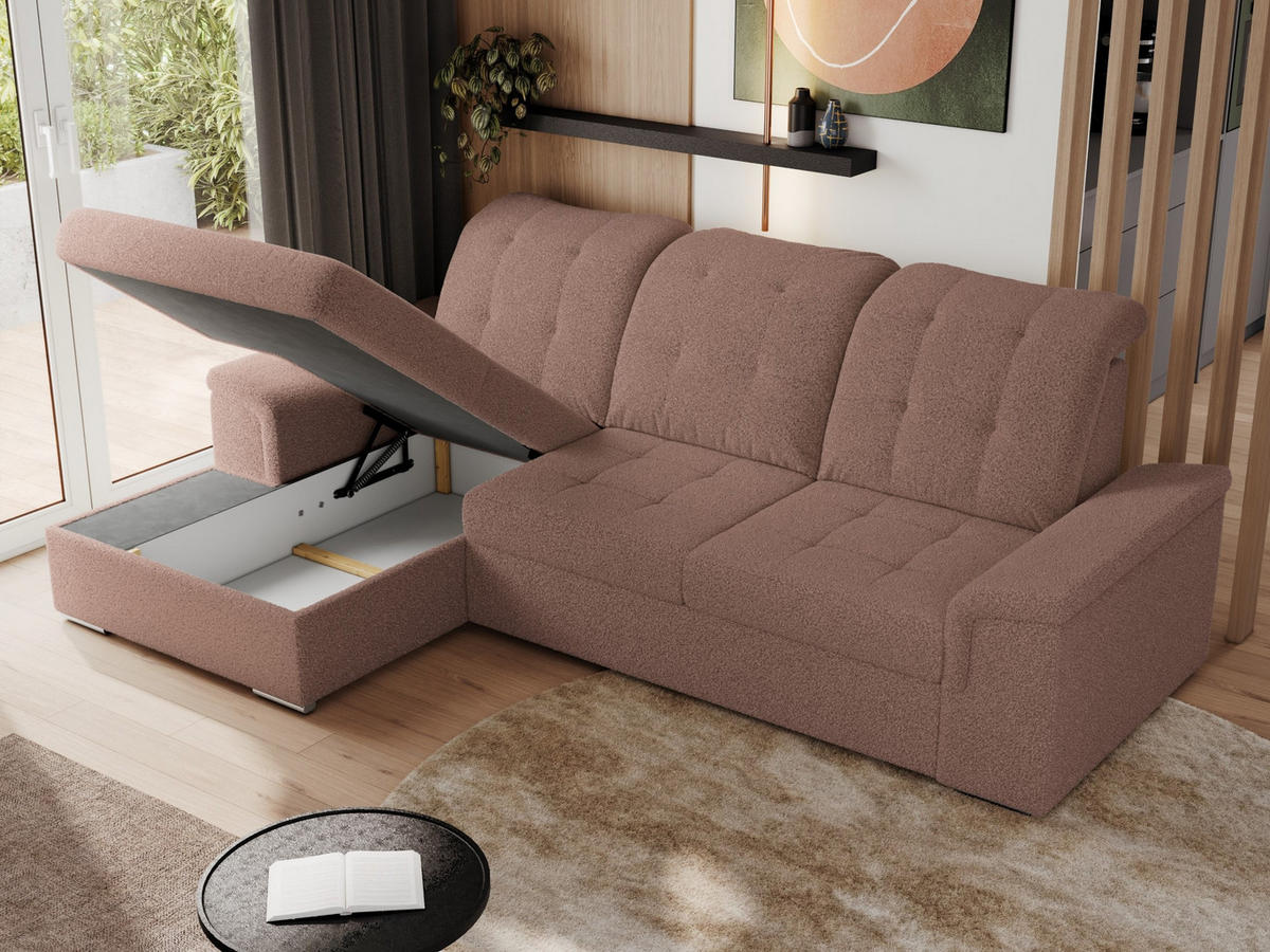 ECKSOFA MADRITO L - Rosa Boucle - Links - Silberfarben/Rosa, Textil/Metall (160/256cm)