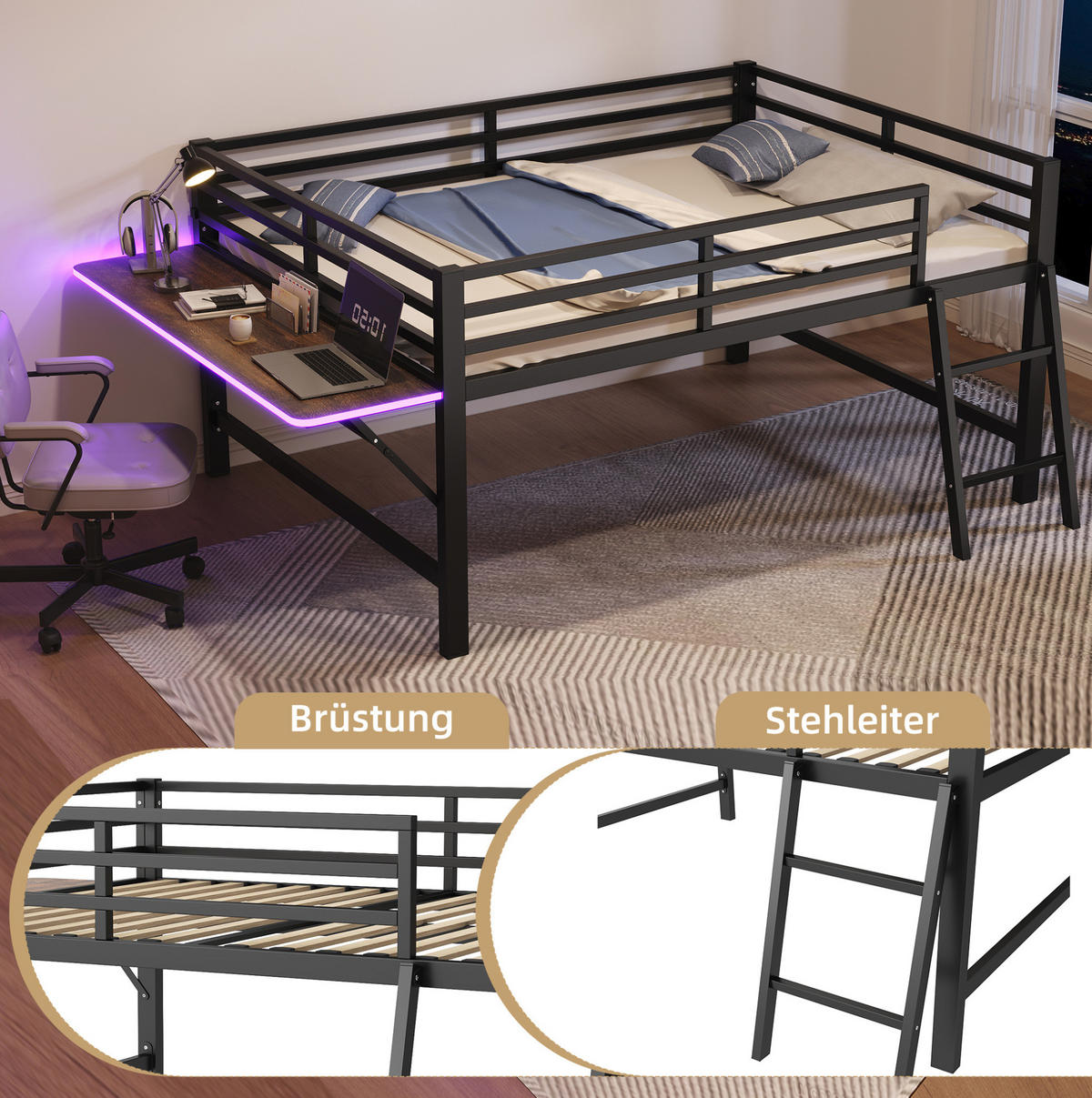VISOKI krevet 140/200 cm s ljestvama, sklopivim stolom, LED rasvjetom i zaštitnim ogradama, Crna - crna, metal (140/200cm) - Redom