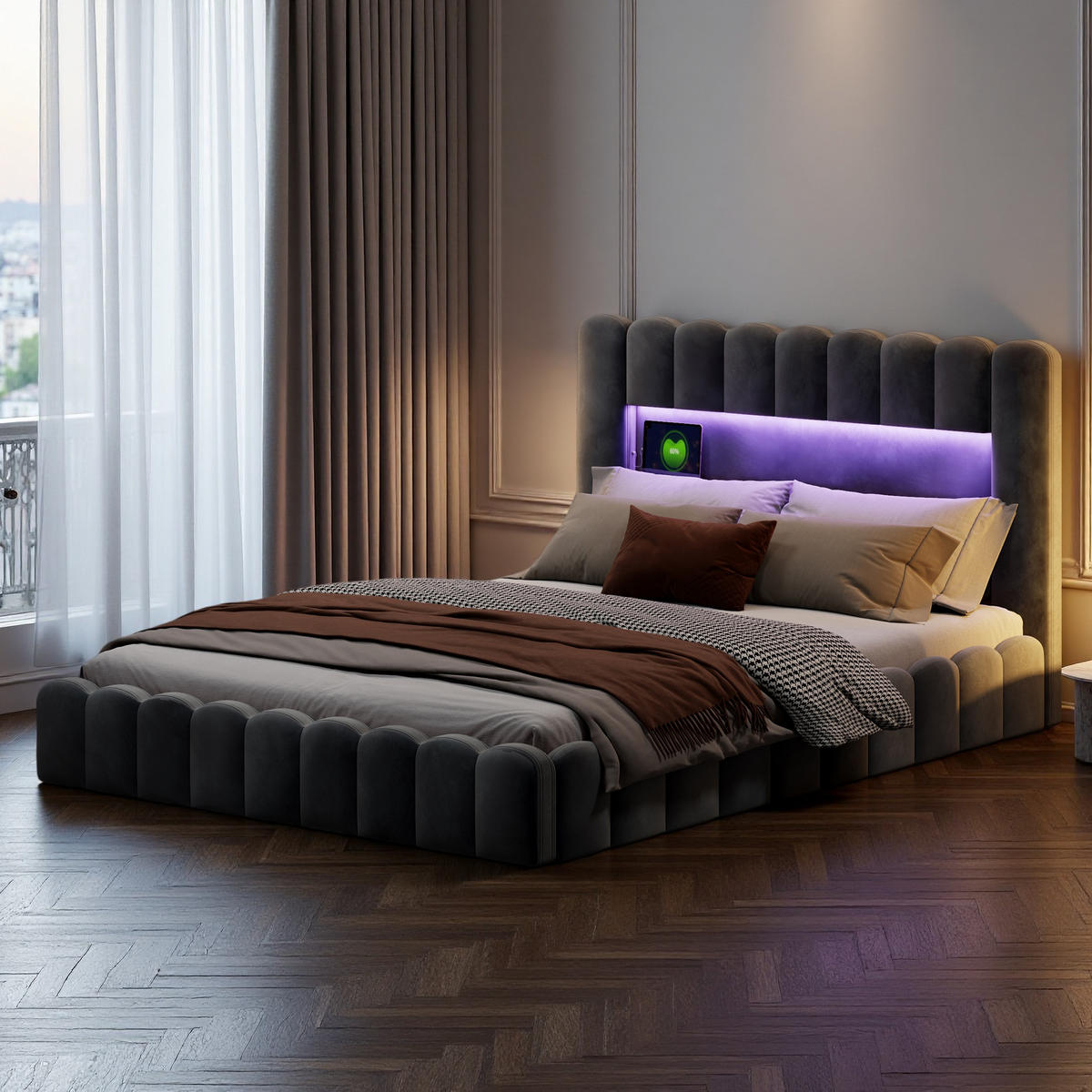 POLSTERBETT 180x200 cm Grau Leinen LED USB Typ-C - Grau, Metall (180/200cm) - SHOPENTRA