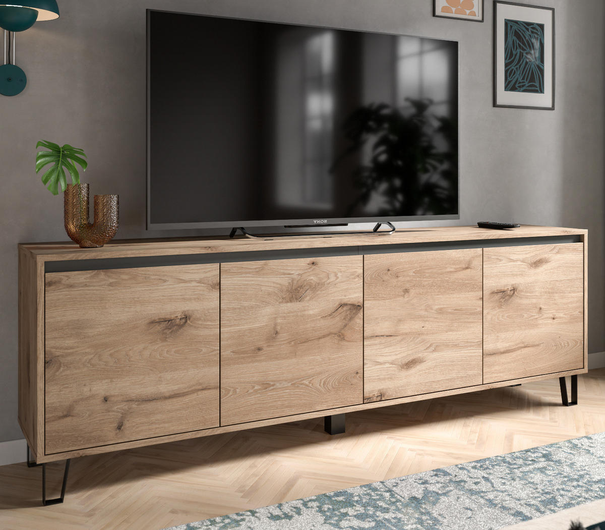 TV-LOWBOARD Eiche Viking 184 cm, Fernsehschrank in Komforthöhe mit Soft-Close - Eichefarben/Schwarz, Holz/Holzwerkstoff (184/64/40cm) - Inn.Furn