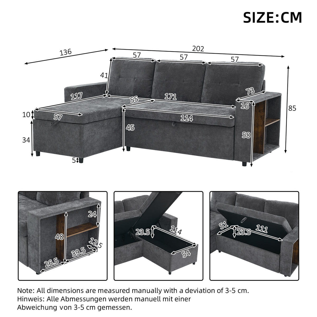 ECKSOFA 202/136/85 cm Grau mit Stauraum - Grau, Textil (202/136cm) - Oxeza