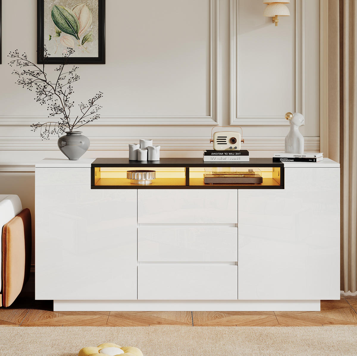 SIDEBOARD 140/40/68 cm in Weiß/Schwarz mit LED-Beleuchtung und 3 Schubladen - Weiß, Holzwerkstoff (140/68/40cm) - Flora Grace