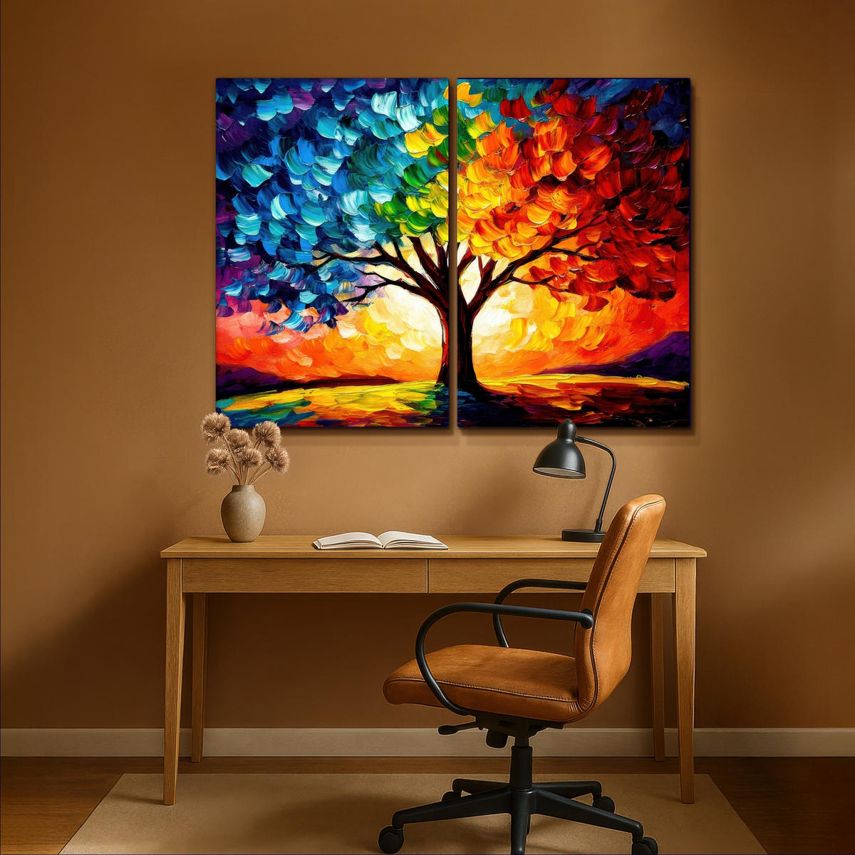 LEINWANDBILD 2er Set Baum - Farbenfroh - Malerei-Look - Abstrakt 160x120 cm - Multicolor, Textil (160/120cm) - MuchoWow
