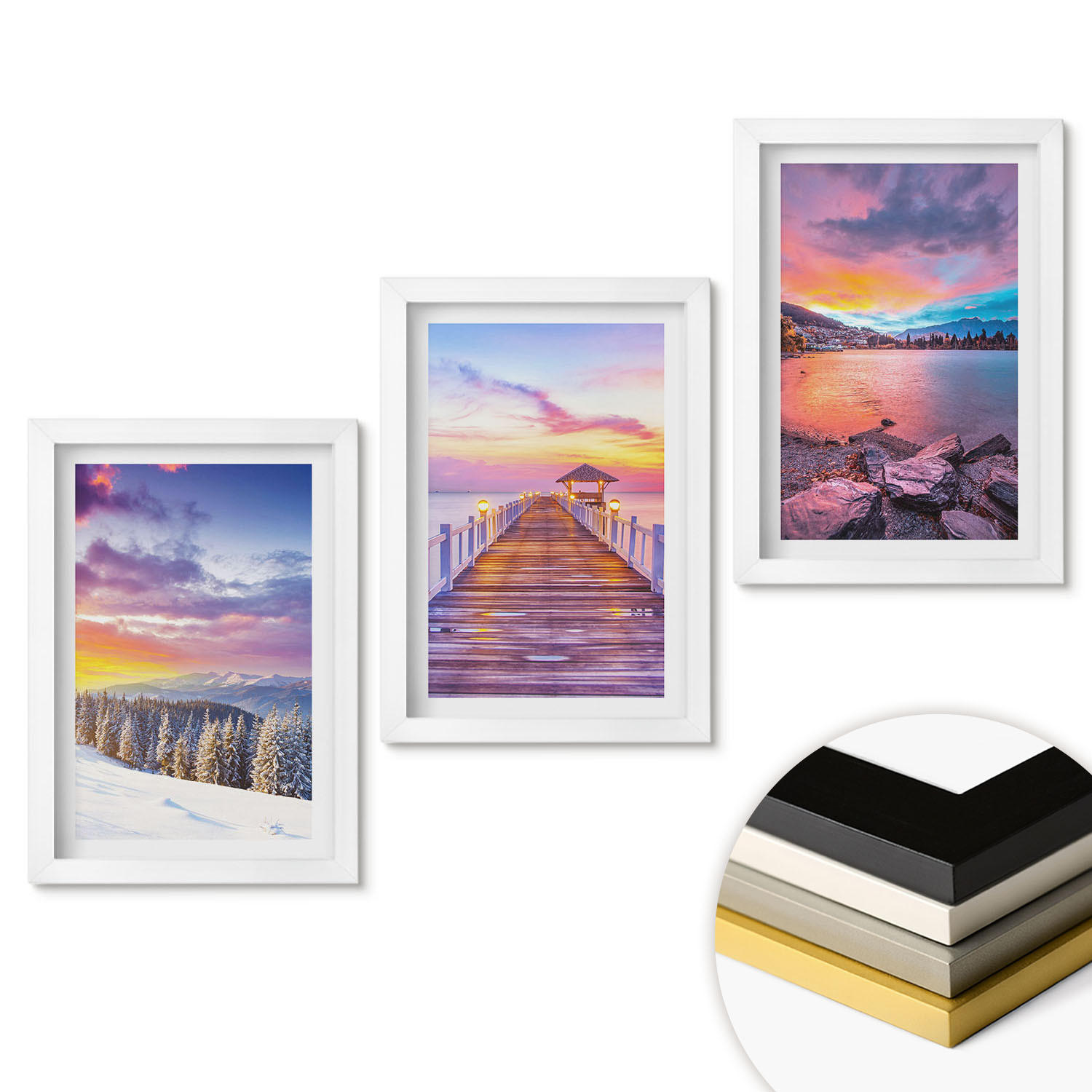 WANDBILDER 3er-Set - 20x30 cm Weißer Rahmen - Winterliche Bergseelandschaft - Weiß, Kunststoff (20/30cm) - ArtPrintCave