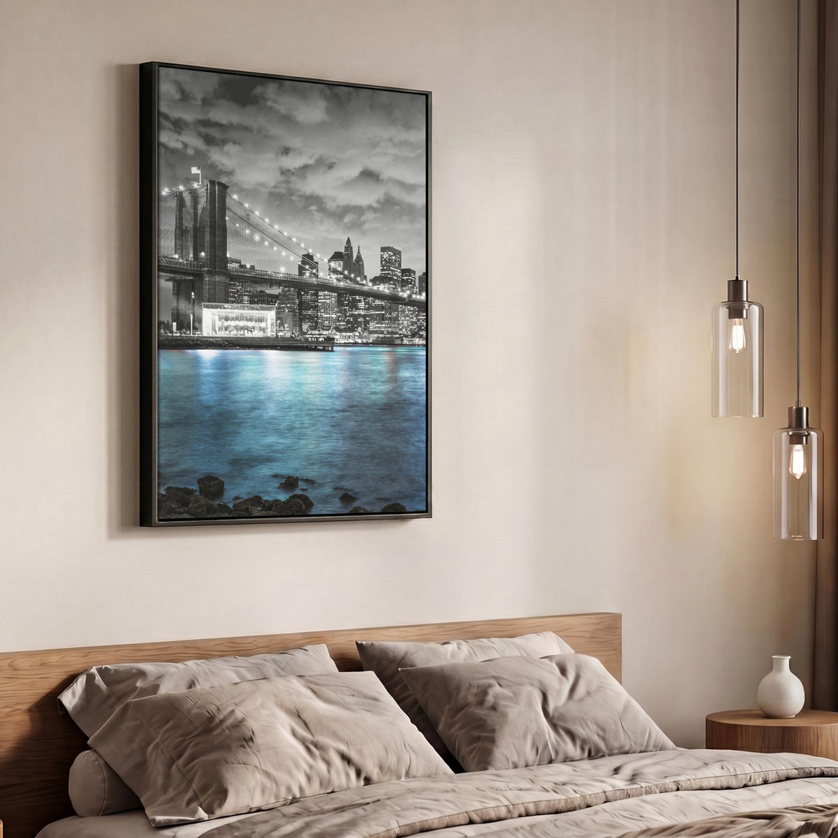 LEINWAND Bilder mit Rahmen - New York - Skyline - Stadt - Blau - 70x100 - Blaugrau, Textil (70/100cm) - MuchoWow