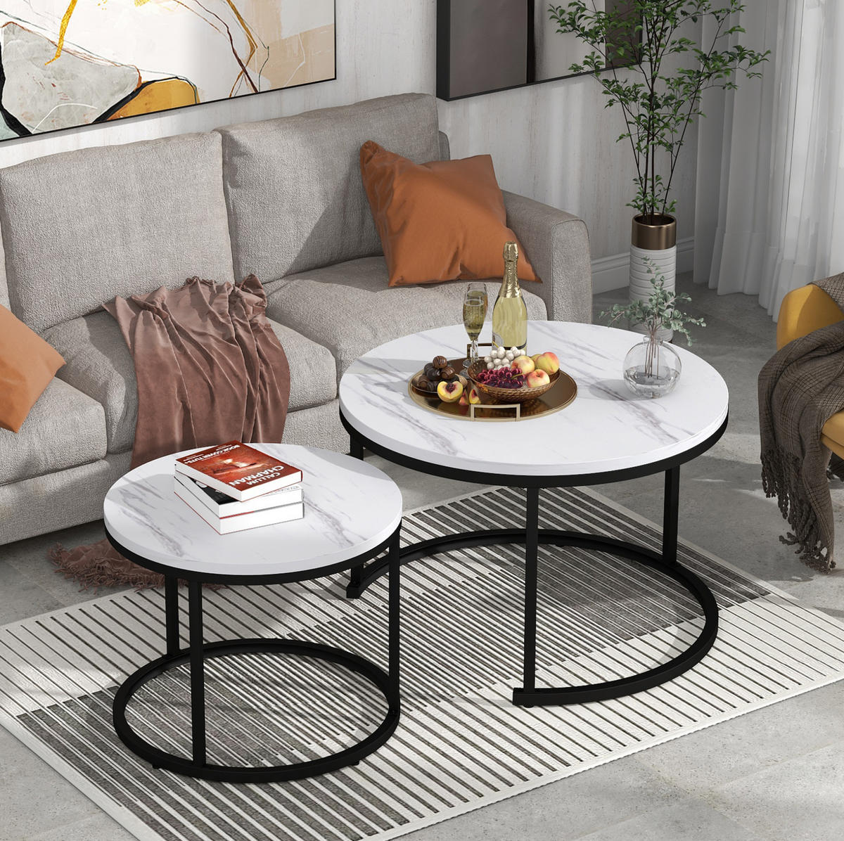 KONFERENČNÍ stolky, sada 2 ks, MDF v dekoru bílého mramoru, kulaté,70.5/70.5/50 cm - bílá, kompozitní dřevo (70.5/70.5/50cm) - BEAOK