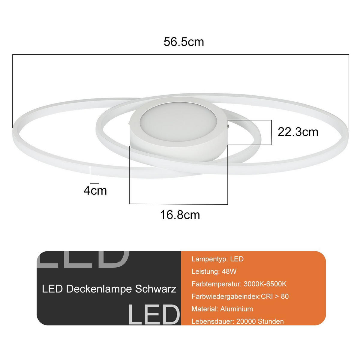 LED-DECKENLEUCHTE Einäugig 57/23/4 cm - Weiß, Metall (57/23/4cm) - Nettlife