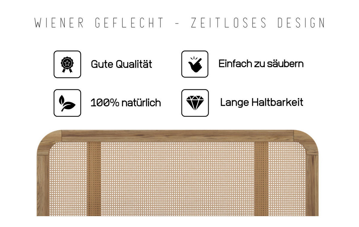 MASSIVHOLZBETT Harmark, Rattan - Kopfteil, Eiche Antik - geölt, 180x200 - Eiche Wotan, Eichenholz/Holz (180/200cm) - Skandica