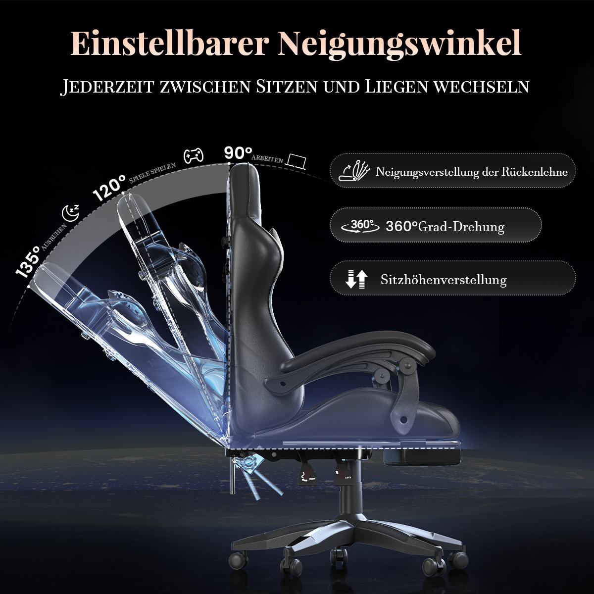 GAMINGSTUHL Schwarz,mit Massage,Fußstütze, Ergonomisch, Verstellbar - Schwarz, Metall (26/59/77cm) - Rattrix