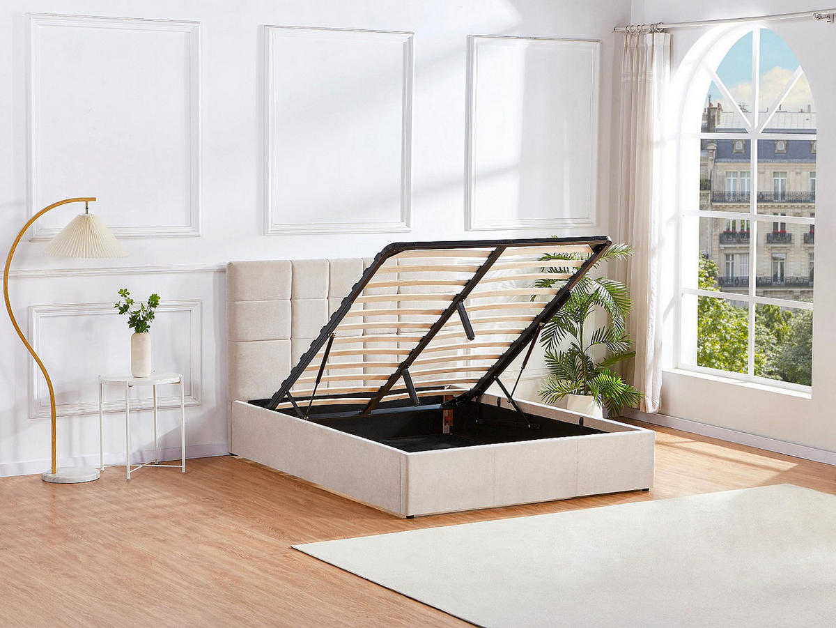 BETT mit Bettkasten - 2 Personen - Stoff - Beige - - Beige, Textil (160/200cm) - Vente-Unique
