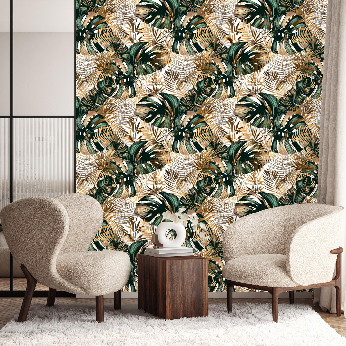 VLIESTAPETE Tropische Blätter – Goldfarben, Grün, Weiß – 50x1000 cm - Goldfarben/Weiß, Papier (50/1000cm) - Muralo