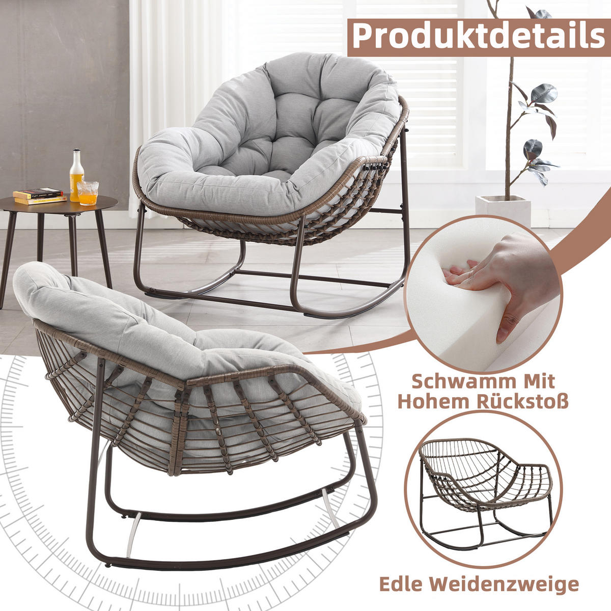 SCHAUKELSTUHL Schaukelsessel Garten,Rattanstuhl mit Stahlrahmen,Grau-Polyester - Hellgrau, Metall (94.5/80/111cm) - LVHOM