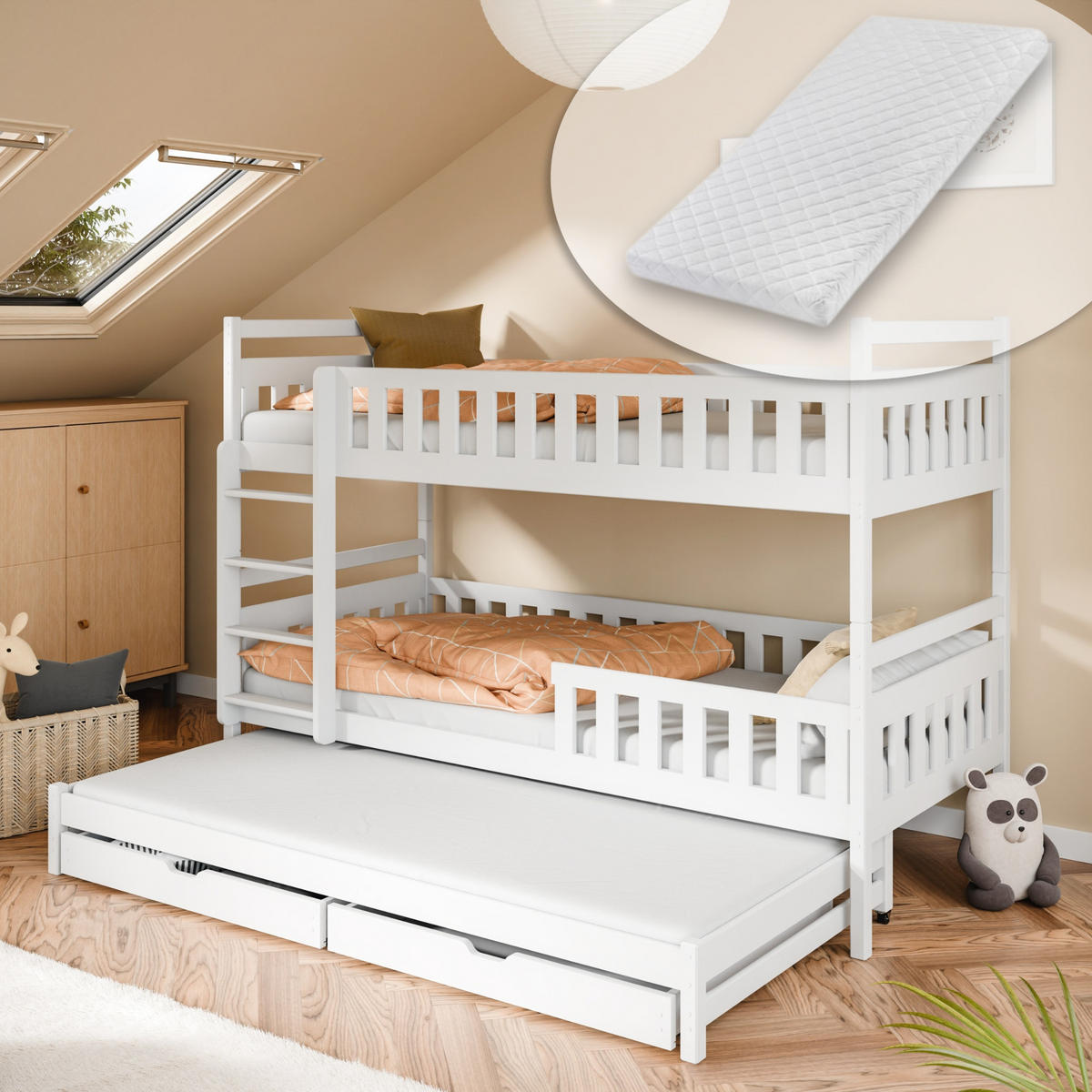 ETAGENBETT mit drei Matratzen Schubladen und Ausziehbett 90x200 in Weiß - Weiß, Holz (90/200cm) - Kids Collective