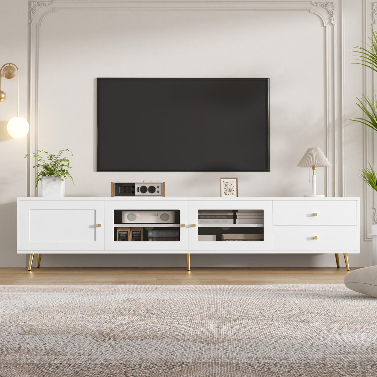 TV-SCHRANK 170/40/28 cm Weiß mit 2 Schubladen, 2 Glastüren und 1 Schranktür - Weiß, Holzwerkstoff/Metall (170/28/40cm) - Oxeza