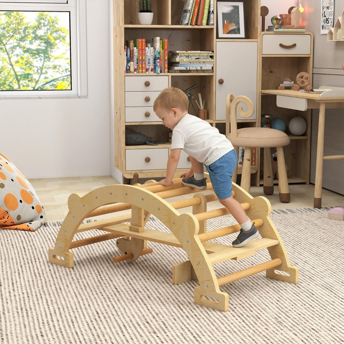 MONTESSORI Klettergerüst Indoor, mit 2 in 1 Kletterbogen aus Holz, 110x52x45 cm, Naturholz - Eschefarben, Holz (52/45/110cm) - Hauptrolle