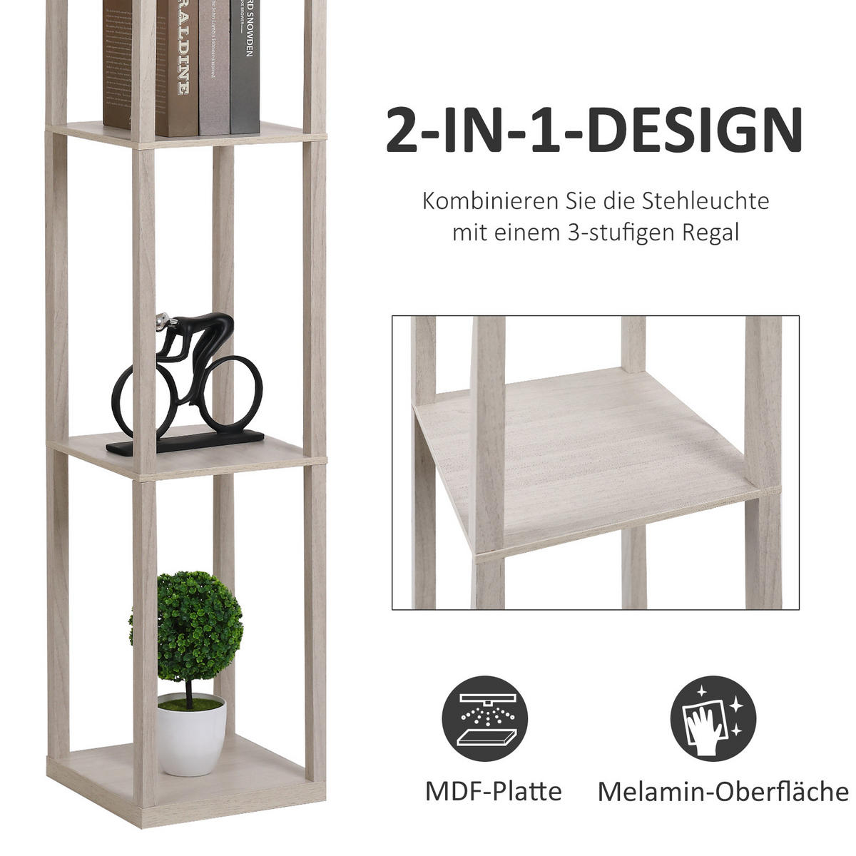 STEHLEUCHTE, Stehlampe, Eiche+Weiß - Multicolor, Glas (26/26/160cm) - HOMCOM