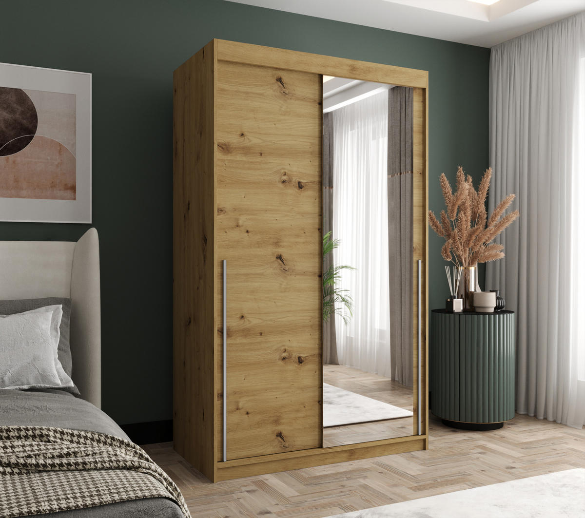 SCHIEBETÜRENSCHRANK mit Spiegel 120 cm Breite Artisan mit silbernem Griff - Silberfarben/Eiche Artisan, Holzwerkstoff (250/200/62cm) - Home Collective