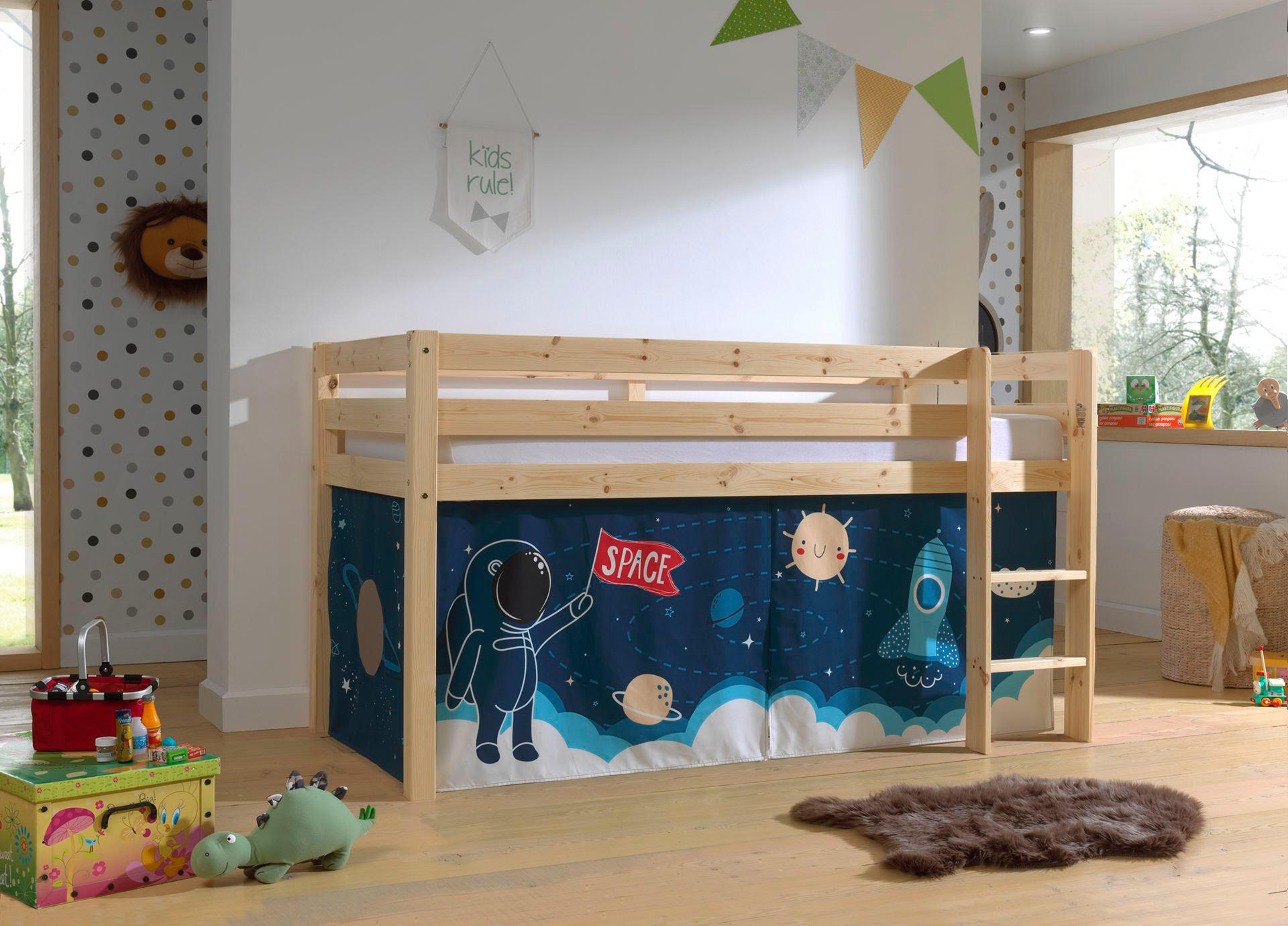 KINDERBETT Karolina 210x114x106 Massivholz Natur Textilset Rakete - Türkis/Kieferfarben, Holz (90/200cm) - 58aufmkessel