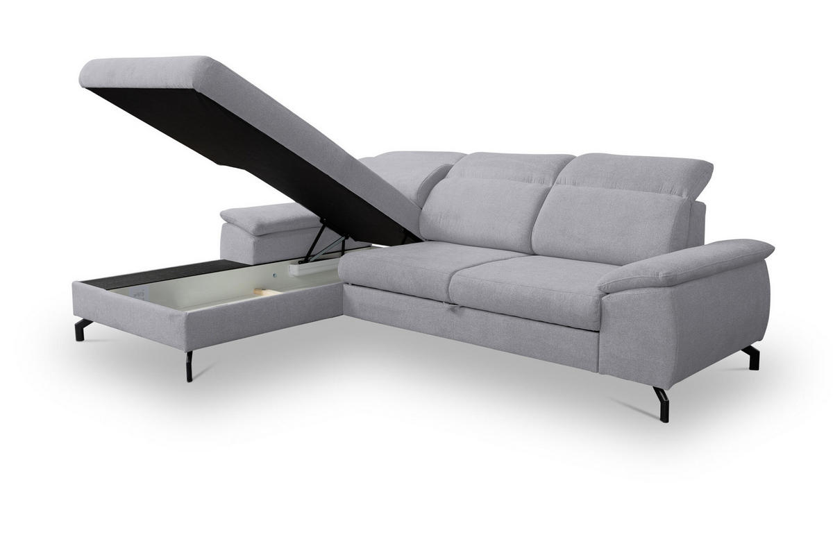 ECKSOFA MALIBU mit Schlaffunktion und Bettkasten, Farbe: Helgrau, Velourstoff, Ottomane Links - Hellgrau, Textil (276/184cm) - VENASI MÖBEL