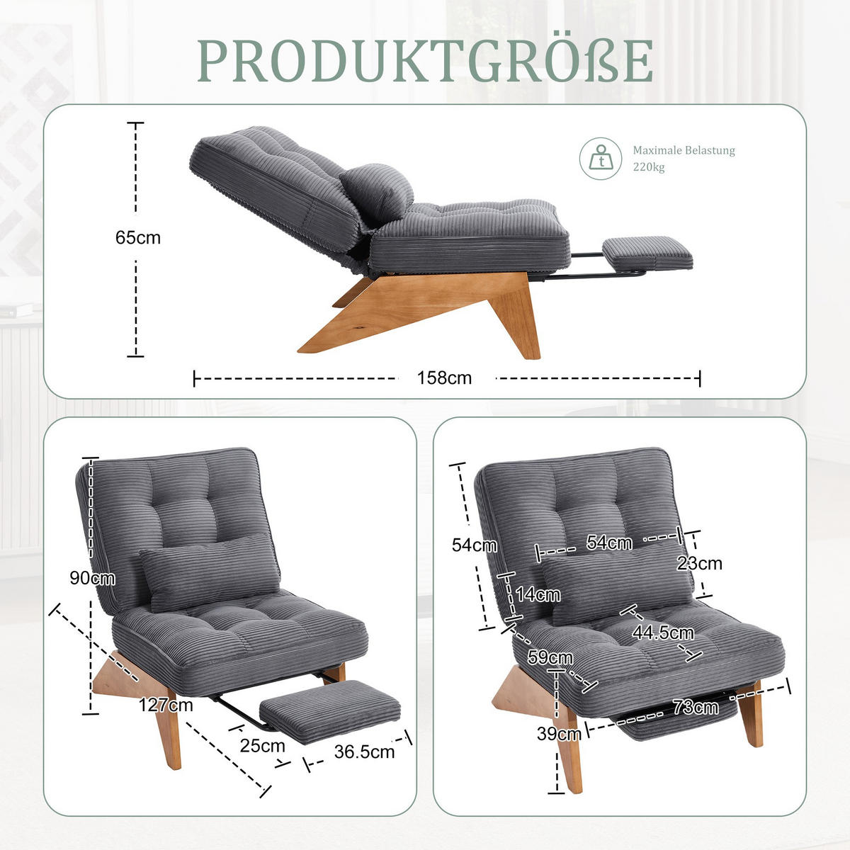 SESSEL Relaxsessel mit Fußstütze & Lendenkissen,verstellbar,Dunkelgrau - Dunkelgrau, Holz (73/90/59cm) - LVHOM