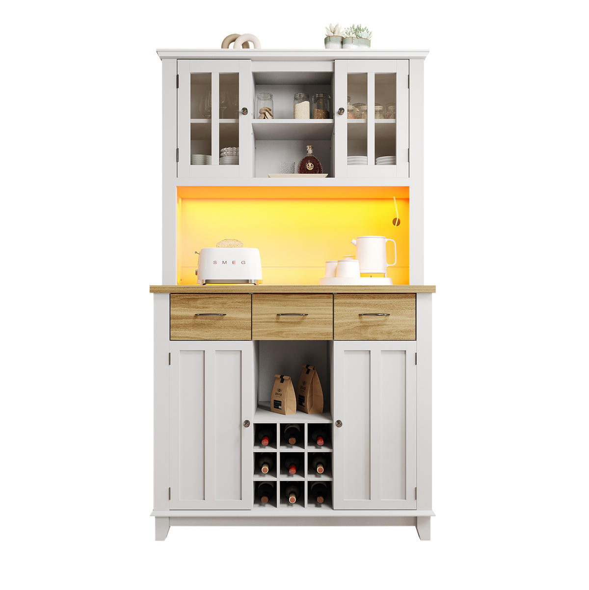 HOCHSCHRANK aus MDF mit LED-Beleuchtung und Weinregal, 106/40/179,5 cm, Weiß und Natur - Weiß, Holzwerkstoff (106/179.5/40cm) - Redom