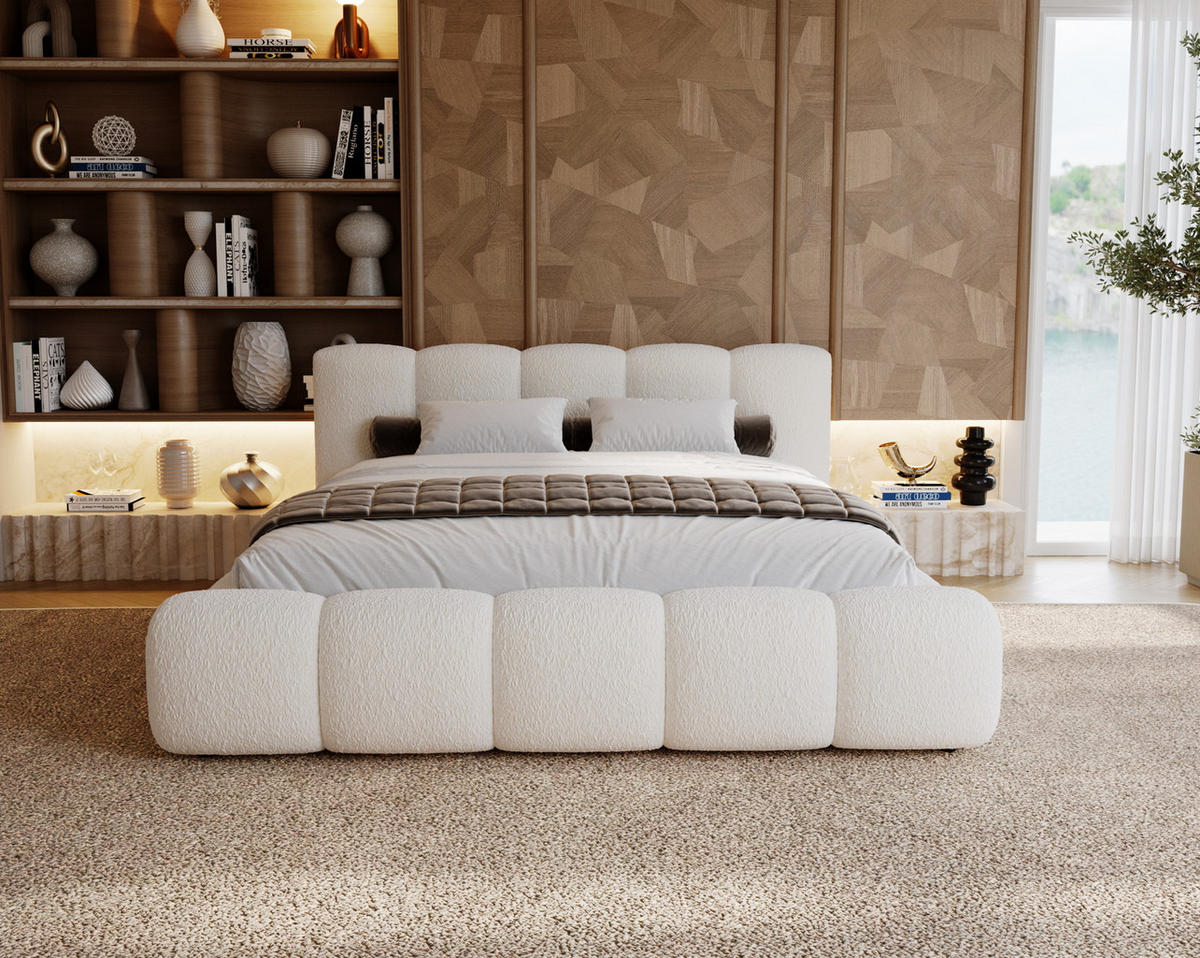 POLSTERBETT bouclé 200x200 Ravello mit Bettkasten, Lattenrost, Creme - Creme, Holz/Textil (200/200cm) - Emporius