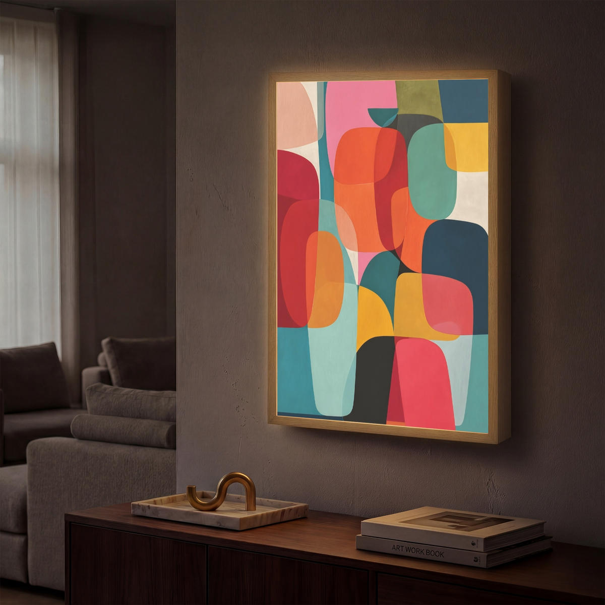 NÁSTĚNNÁ LAMPA S AKUMULÁTOREM Tvary - barevné - abstraktní - letadla 40x60 cm - různobarevná, kompozitní dřevo (40/60/8cm) - OnlyWow