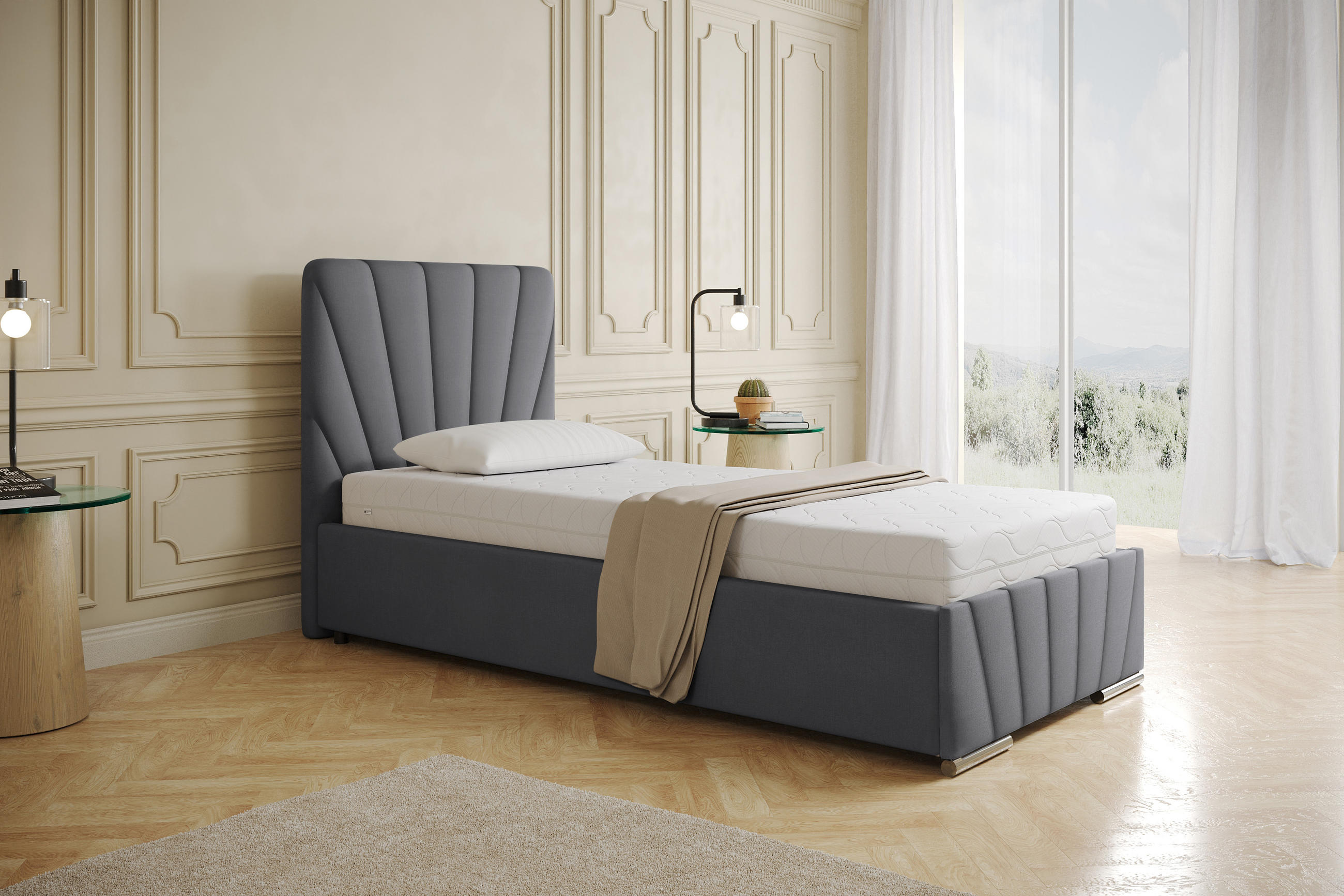 POLSTERBETT Ray 90 x 200 cm mit Bettkasten und Lattenrost ohne matratze- beige - Beige, Holz (90/200cm) - Panda Möbel