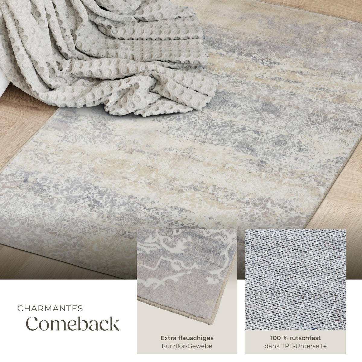 TEPPICH Vintage Design Dalia,rutschfeste Unterfläche,beige - Beige, Kunststoff (60/110cm) - tectake